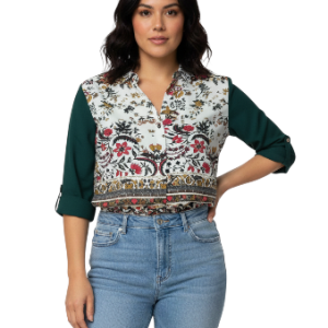 Blusa Combinada Estampado Floral y Mangas Verdes talla M aldamariyo nuestra moda