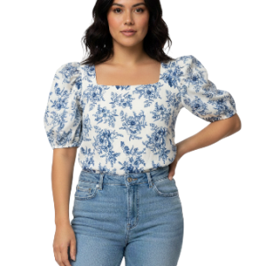 Blusa Cuello Cuadrado Manga Abullonada Floral Azul talla L