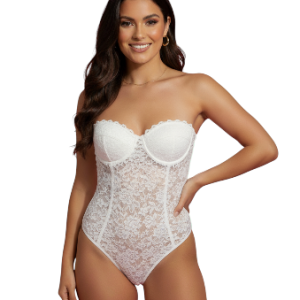 Body blanco de encaje floral sin tirantes con copas con aros y borde festoneado para mujer talla L