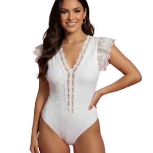 Body blanco de manga corta con ribete y mangas de encaje para mujer talla S