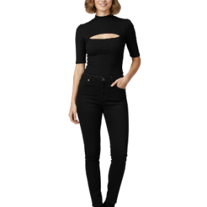 Body negro de manga corta con cuello alto y abertura frontal para mujer talla estandar