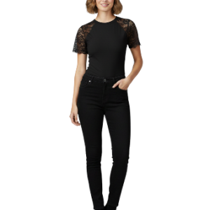 Body negro de manga corta con mangas de encaje raglán para mujer talla XL