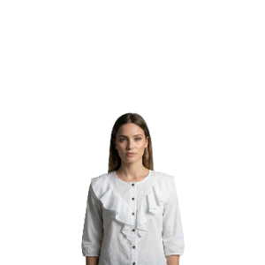 blusa blanca de algodónlino de manga 34 con volantes en el pecho y botones oscuros talla XS aldamariyo nuestra moda