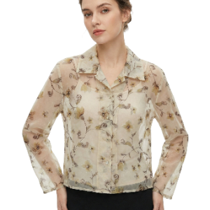camisa o blusa transparente (semi-transparente) de manga larga con cuello clásico y estampado floral en tonos beige y verde talla M