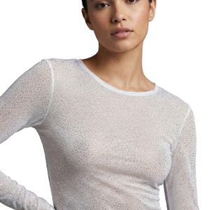 camiseta corta blanca de manga larga de malla transparente con purpurina talla S
