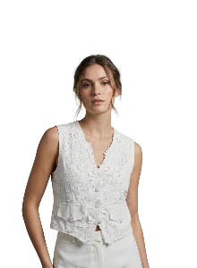 chaleco blanco (o crudomarfil) sin mangas con bordado ojal (broderie anglaise) y bolsillos delanteros talla S