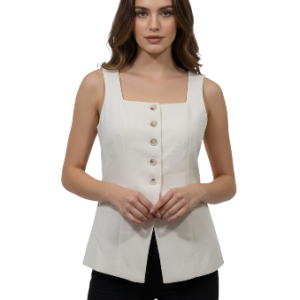 chaleco sin mangas blanco (o cremamarfil) con escote cuadrado y botones frontales talla S