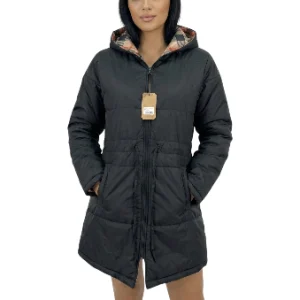 chaqueta acolchada negra de largo medio con capucha talla M
