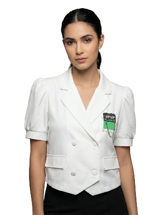 chaqueta tipo blazer corta (cropped) blanca de doble botonadura con mangas abullonadas talla M aldamariyo nuestra moda