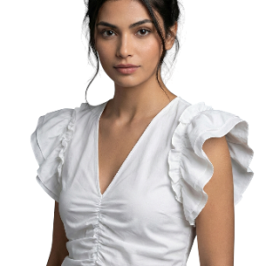 top blanco con cuello V, volantes en las mangas y fruncido frontal ajustable talla S aldamariyo nuestra moda