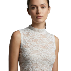 top crop sin mangas blanco con cuello alto (tipo tortuga o mao) de encaje floral talla S alfamariyo nuestra moda