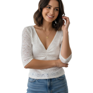Blusa de encaje blanco con escote en V y mangas 3/4 para mujer