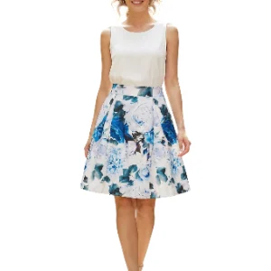 Falda Acampanada Floral Azul Blanca Mujer