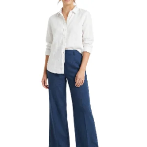 Pantalón Wide Leg Azul Marino Lino Tiro Alto Mujer