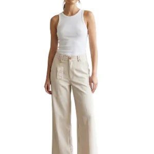 Pantalón Wide Leg Beige Lino Tiro Alto Mujer