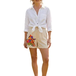 Shorts Bordado Flores Lino Tiro Alto Mujer