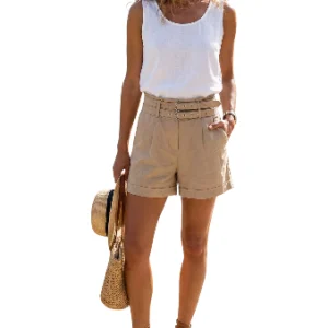 Shorts Paperbag Beige Lino Tiro Alto Mujer