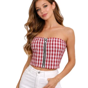 Top Tubo Strapless Cuadros Vichy Rojo Cremallera