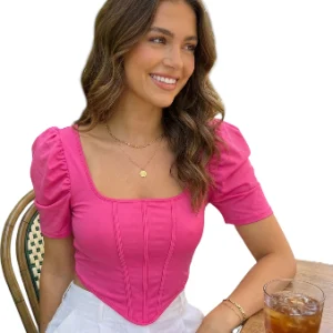 Top corto estilo corsé fucsia con manga abullonada y cuello cuadrado para mujer