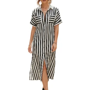 Vestido camisero de manga corta con botones y cinturón.