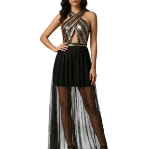 Vestido de cóctel corto-largo (high-low) con top de lentejuelas y falda de tul.
