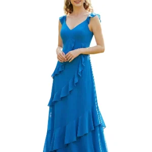 Vestido largo azul con volantes cuello V