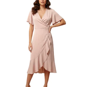 Vestido midi cruzado (wrap midi dress) con mangas de volantes