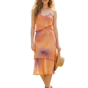 Vestido midi de gasa con volantes y estampado floral o tie-dye