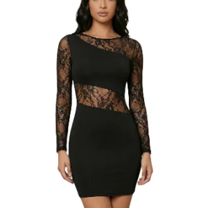 Vestido mini negro con transparencias de encaje y manga larga